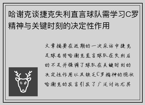 哈谢克谈捷克失利直言球队需学习C罗精神与关键时刻的决定性作用